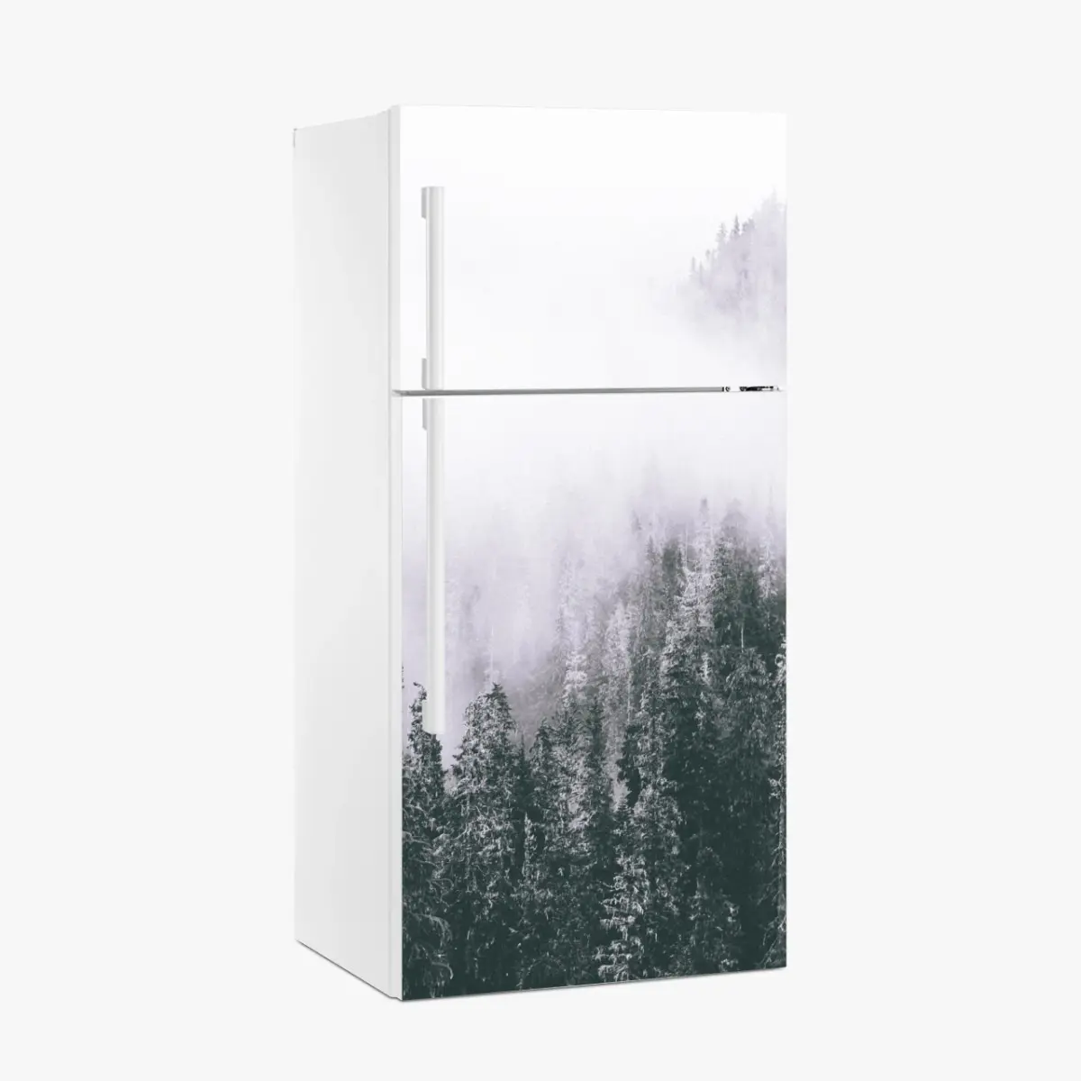 Adesivo per frigorifero bosco avvolto nella nebbia • Wallissimo®