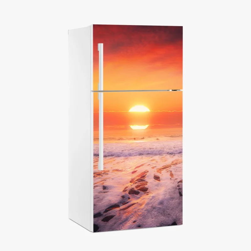 Adesivo per frigorifero tramonto dorato sulla spiaggia