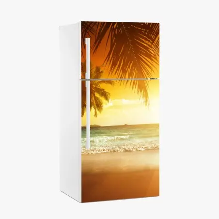 Adesivo per frigorifero tramonto sui Caraibi con palme • Wallissimo®