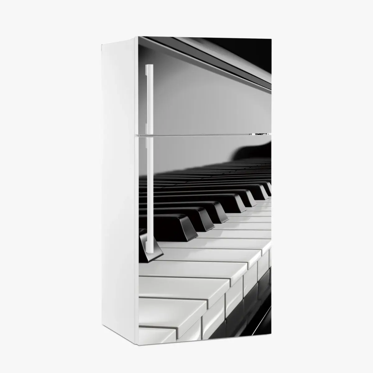 Adesivo per frigorifero eleganza in bianco e nero: tastiera di pianoforte • Wallissimo®