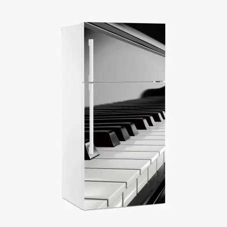 Adesivo per frigorifero eleganza in bianco e nero: tastiera di pianoforte • Wallissimo®