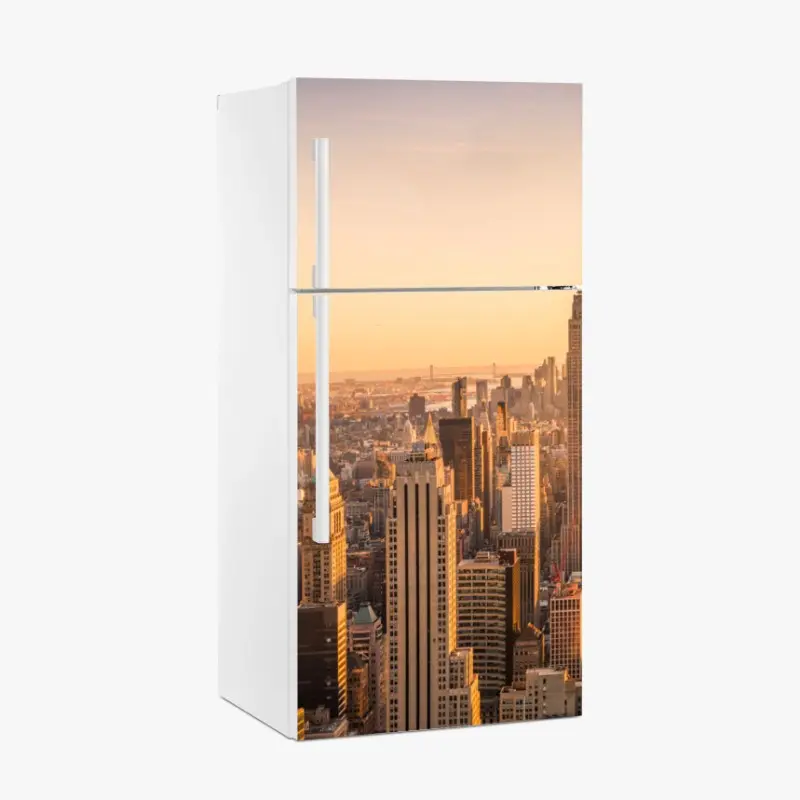 Adesivo per frigorifero skyline di New York al tramonto dorato