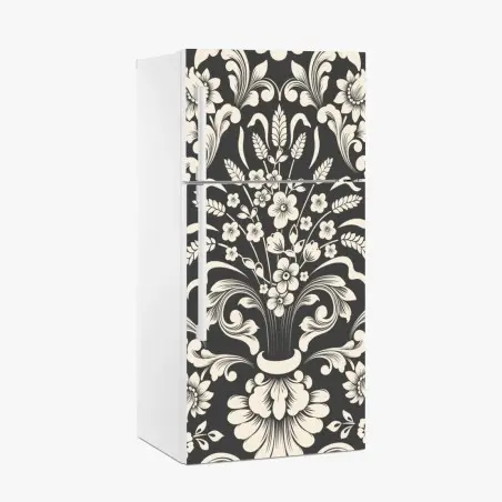 Adesivo per frigorifero motivo damascato floreale elegante su sfondo scuro • Wallissimo®