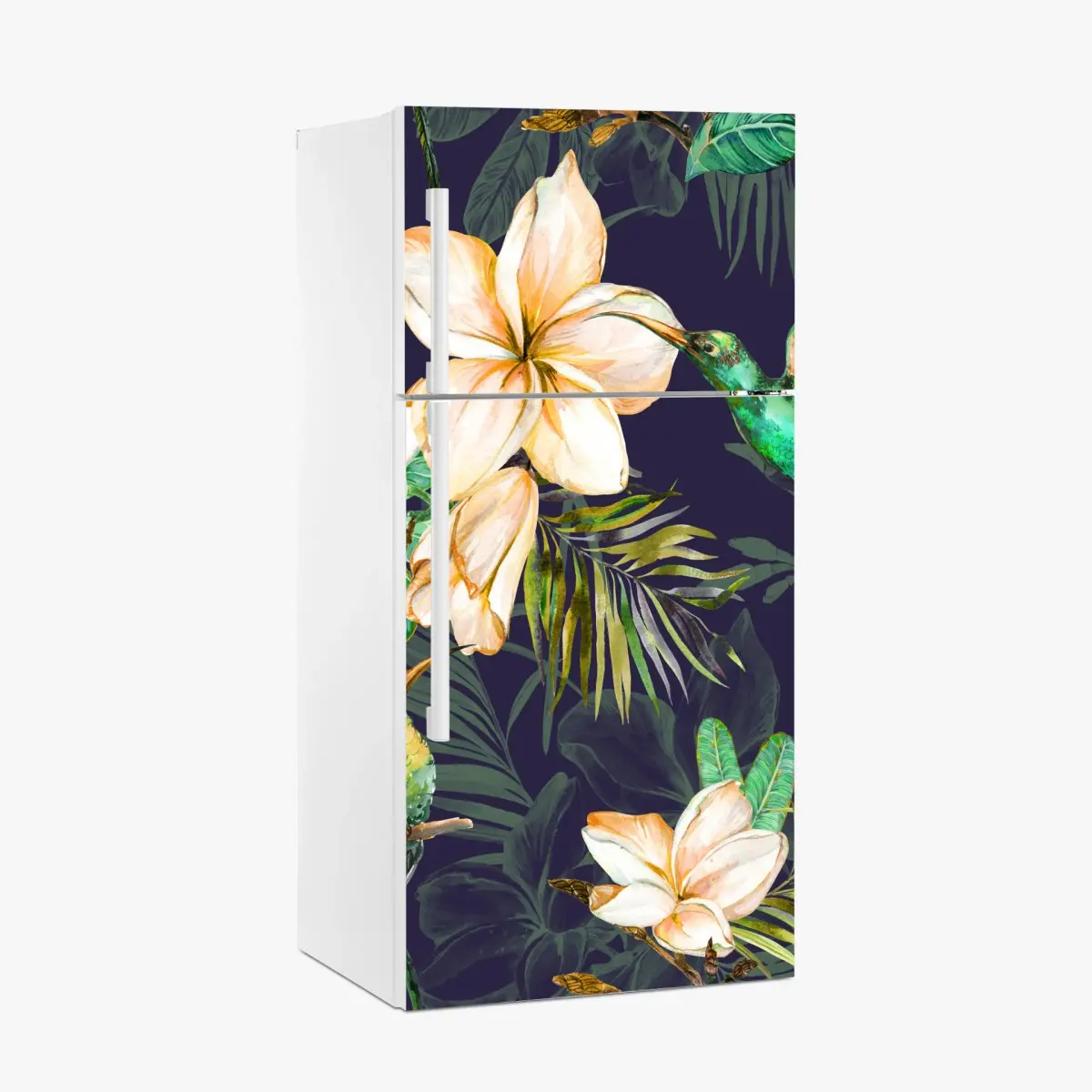 Adesivo per frigorifero motivo tropicale con colibrì e plumeria su sfondo scuro • Wallissimo® Adesivo per frigorifero motivo tropicale con colibrì e plumeria su sfondo scuro • Wallissimo®