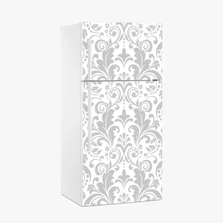 Adesivo per frigorifero motivo damascato elegante grigio e bianco • Wallissimo®