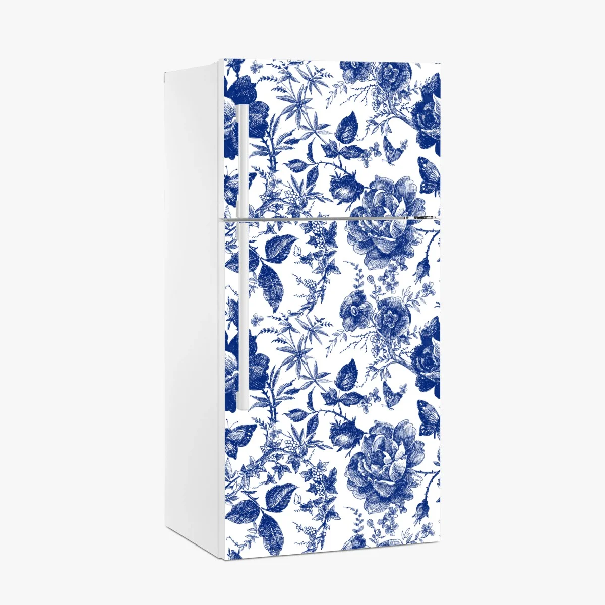 Adesivo per frigorifero motivo floreale blu in stile toile • Wallissimo® Adesivo per frigorifero motivo floreale blu in stile toile • Wallissimo®