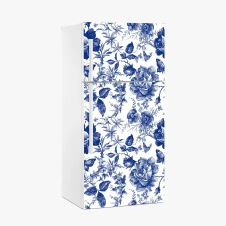 Adesivo per frigorifero motivo floreale blu in stile toile • Wallissimo®