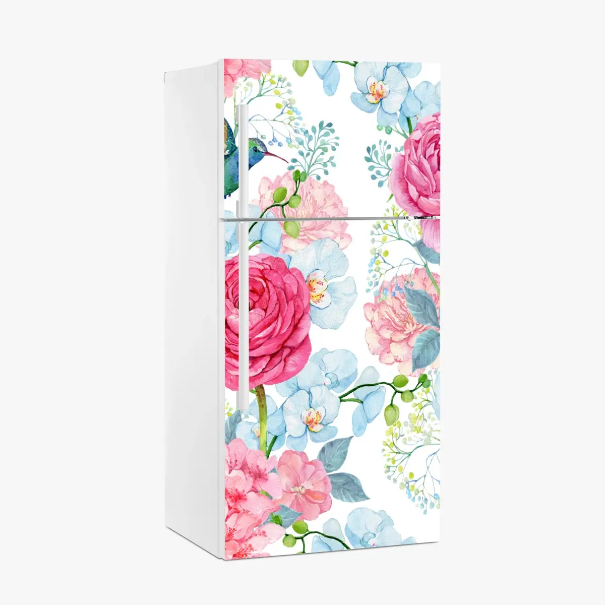 Adesivo per frigorifero motivo floreale acquerellato con colibrì • Wallissimo®