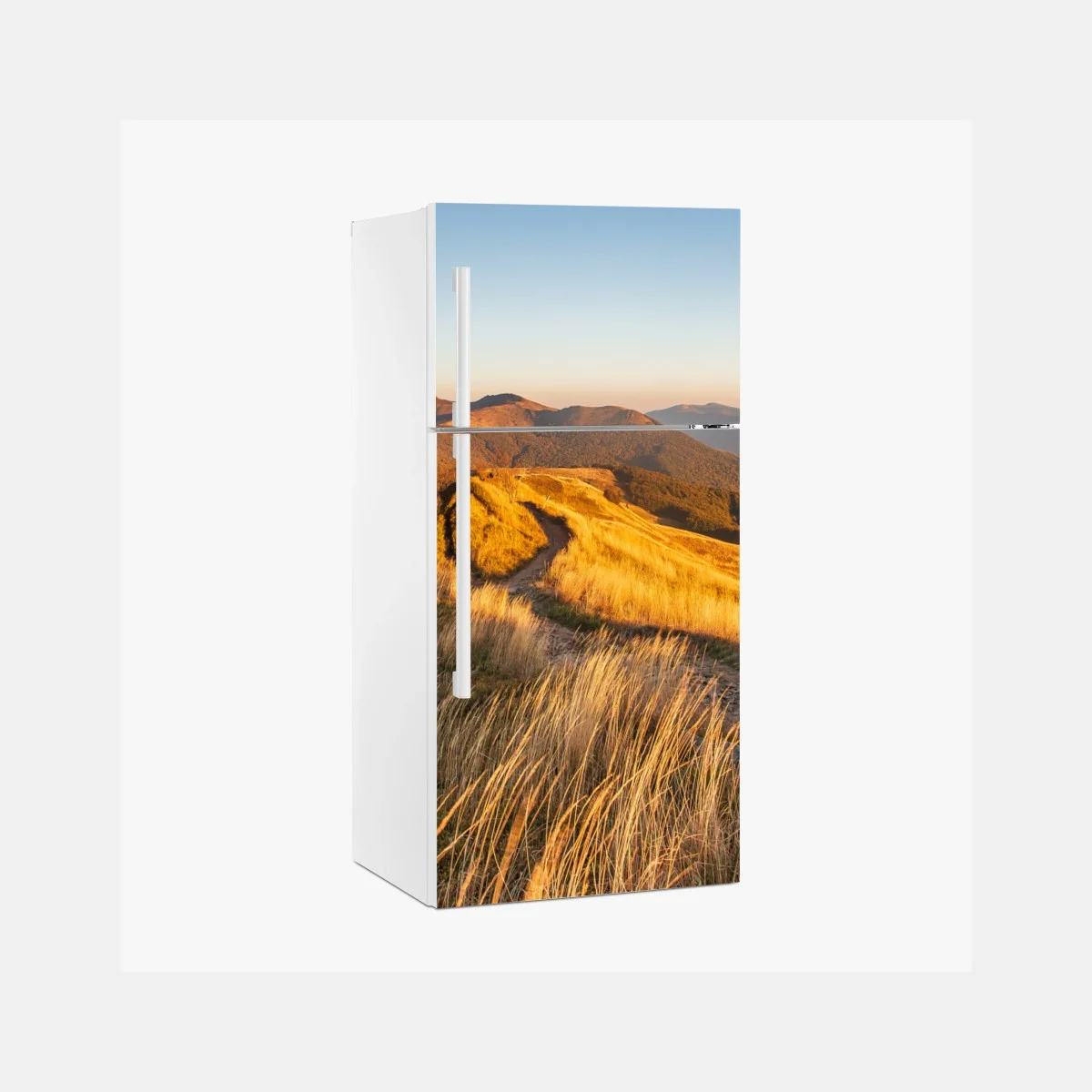 Adesivo per frigorifero panorama montano al tramonto dorato • Wallissimo® Adesivo per frigorifero panorama montano al tramonto dorato • Wallissimo®