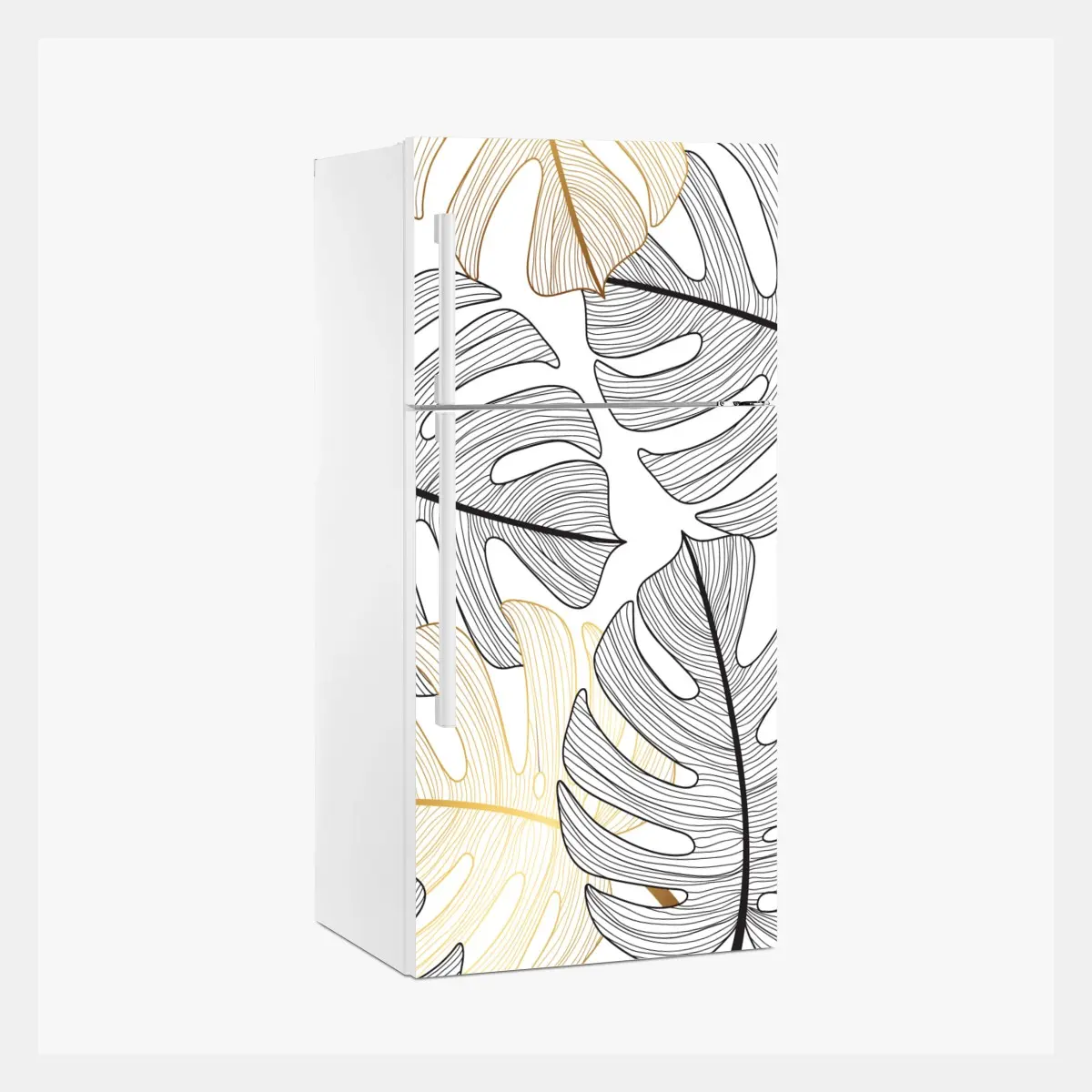 Adesivo per frigorifero eleganza botanica: foglie di monstera in oro e nero • Wallissimo®