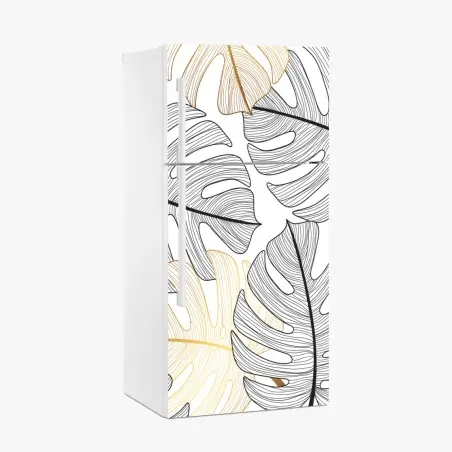 Adesivo per frigorifero eleganza botanica: foglie di monstera in oro e nero • Wallissimo®