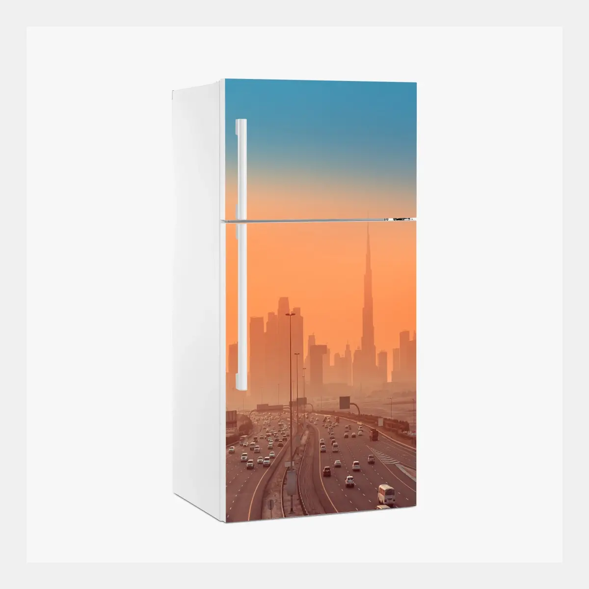 Adesivo per frigorifero skyline di Dubai al tramonto • Wallissimo®