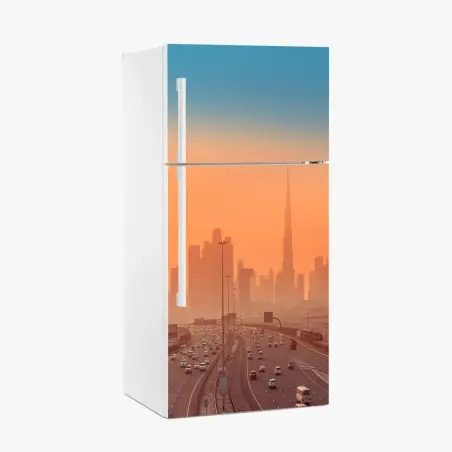 Adesivo per frigorifero skyline di Dubai al tramonto • Wallissimo®