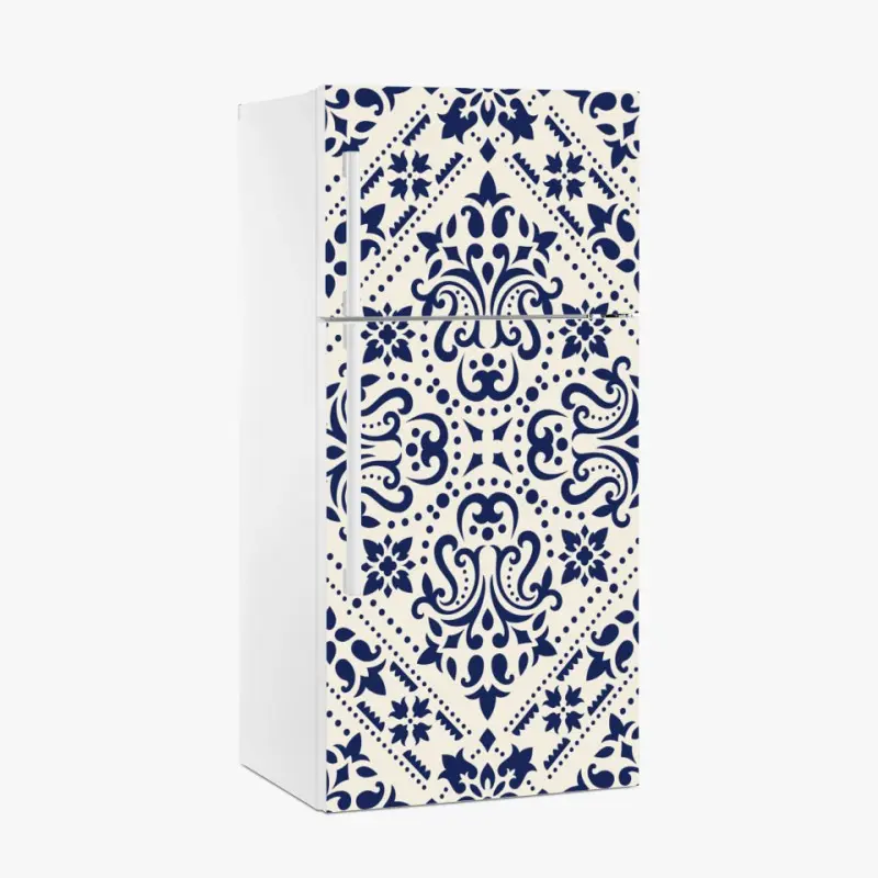 Adesivo per frigorifero motivo damascato blu navy su sfondo crema