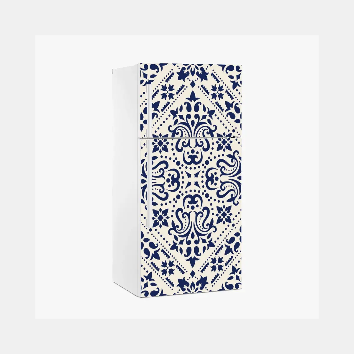 Adesivo per frigorifero motivo damascato blu navy su sfondo crema • Wallissimo® Adesivo per frigorifero motivo damascato blu navy su sfondo crema • Wallissimo®