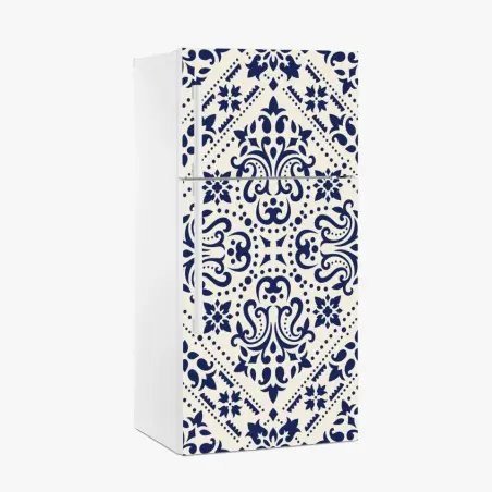 Adesivo per frigorifero motivo damascato blu navy su sfondo crema • Wallissimo®