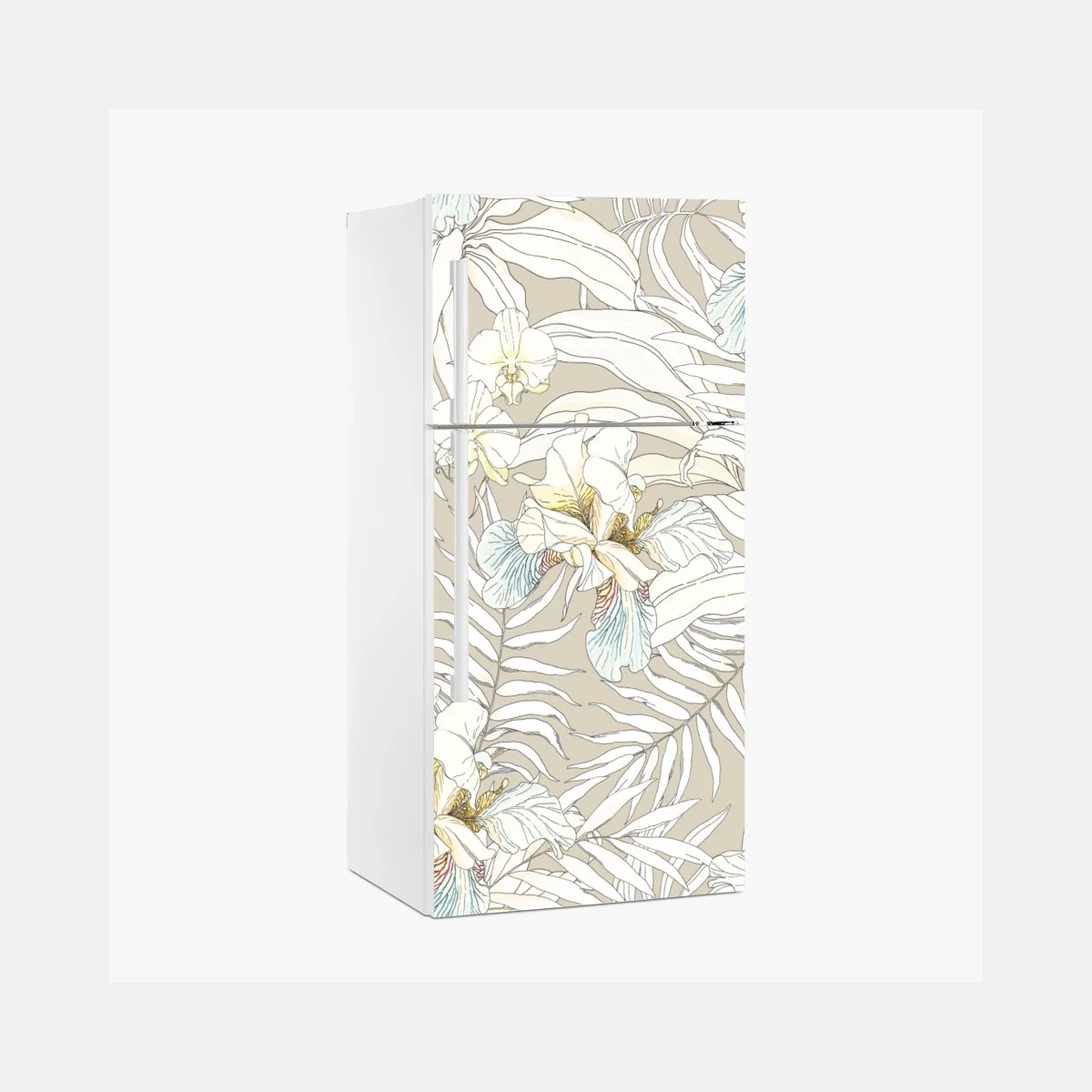 Adesivo per frigorifero cacatua e orchidee in motivo tropicale pastello • Wallissimo® Adesivo per frigorifero cacatua e orchidee in motivo tropicale pastello • Wallissimo®