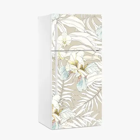 Adesivo per frigorifero cacatua e orchidee in motivo tropicale pastello • Wallissimo®