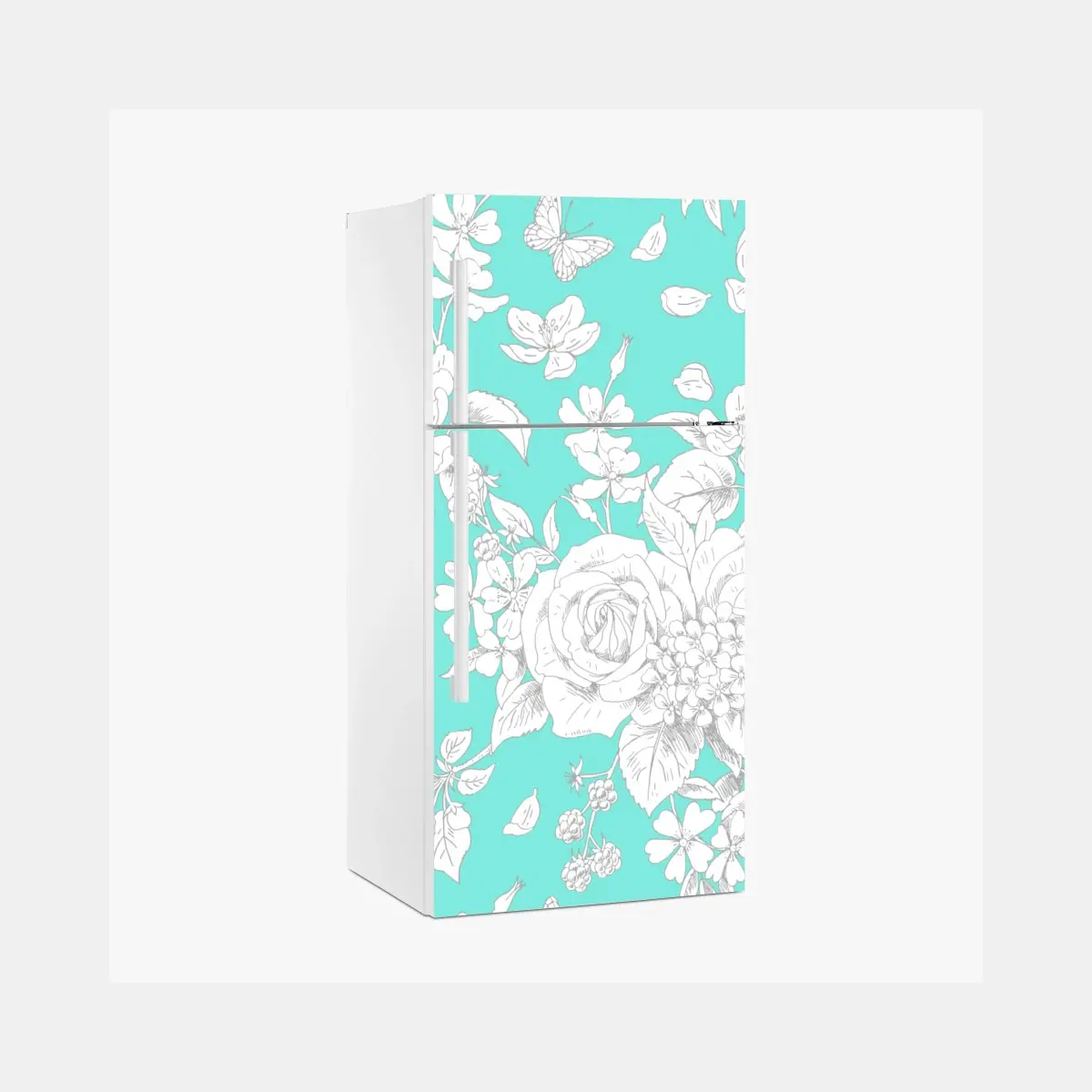 Adesivo per frigorifero motivo floreale turchese con rose e farfalle • Wallissimo®