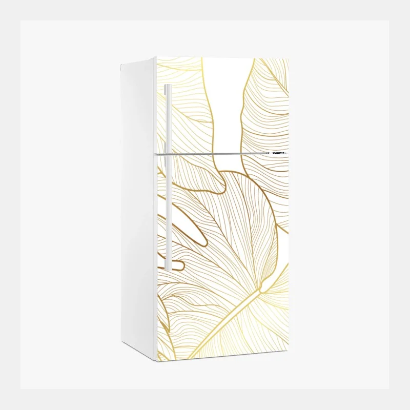 Adesivo per frigorifero eleganza botanica: foglie dorate su sfondo bianco