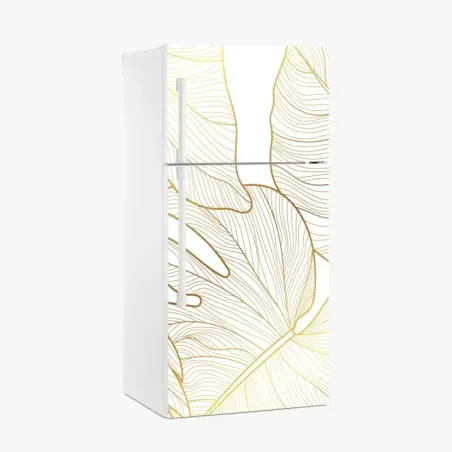 Adesivo per frigorifero eleganza botanica: foglie dorate su sfondo bianco • Wallissimo®