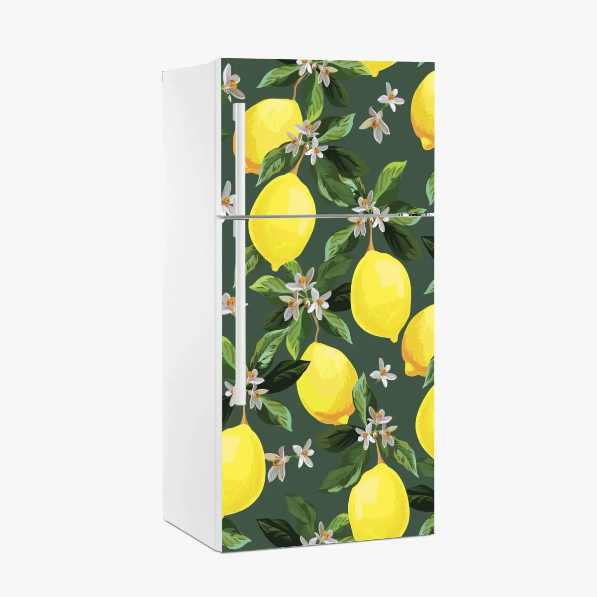 Adesivo per frigorifero stampa limoni e fiori su sfondo verde scuro • Wallissimo®