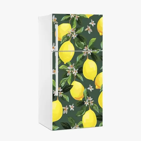 Adesivo per frigorifero stampa limoni e fiori su sfondo verde scuro • Wallissimo®