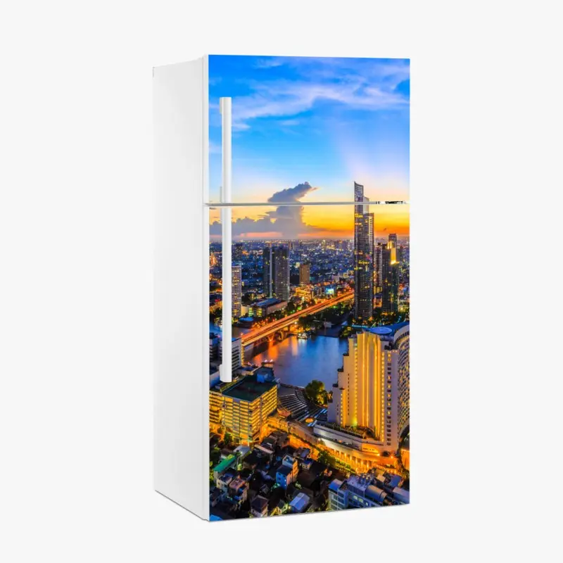 Adesivo per frigorifero tramonto urbano sul fiume: skyline illuminato
