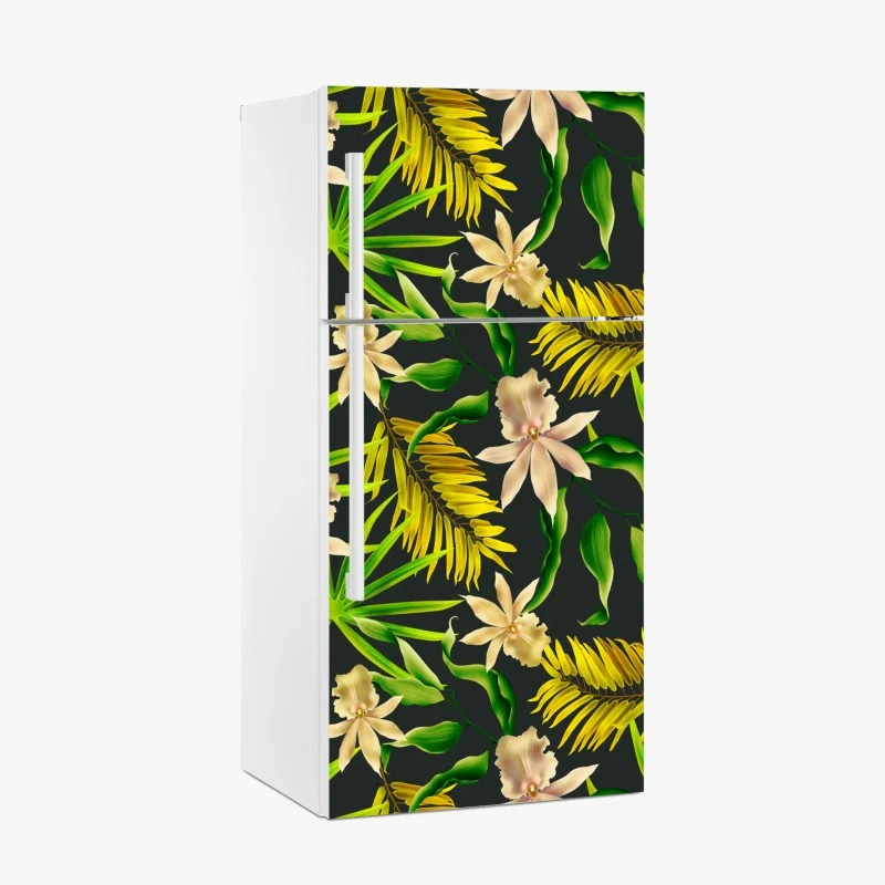 Adesivo per frigorifero motivo floreale tropicale su sfondo scuro