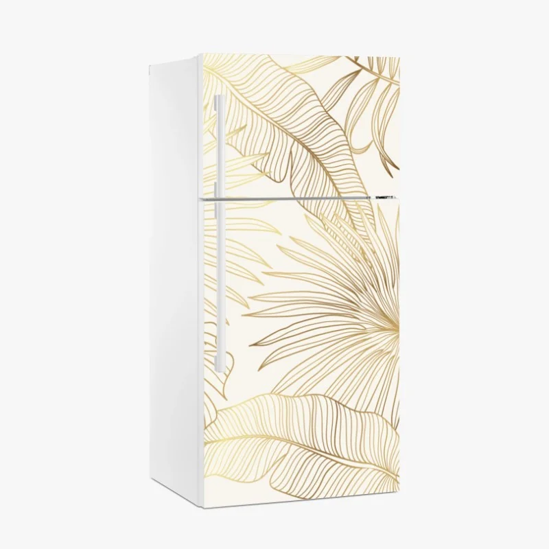 Adesivo per frigorifero fogliame tropicale dorato su fondo crema