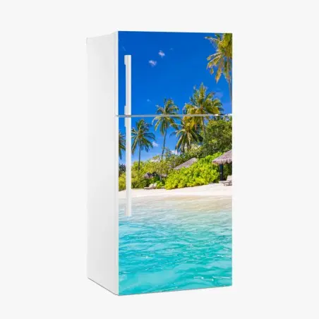 Adesivo per frigorifero paradiso tropicale con palme e mare turchese • Wallissimo®