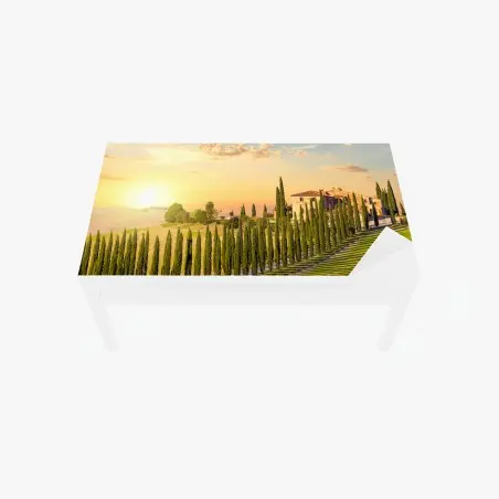 Adesivo per tavolo e scrivania tramonto in Toscana: viale di cipressi e villa sulle colline • Wallissimo®
