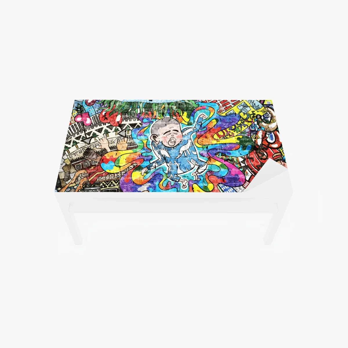 Adesivo per tavolo e scrivania nascita psichedelica: bambino tra colori e città • Wallissimo® Adesivo per tavolo e scrivania nascita psichedelica: bambino tra colori e città • Wallissimo®