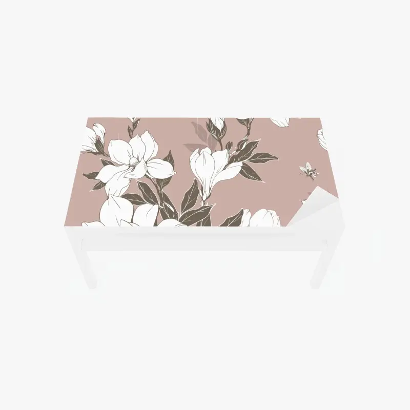 Adesivo per tavolo e scrivania motivo di magnolie bianche su sfondo rosa antico