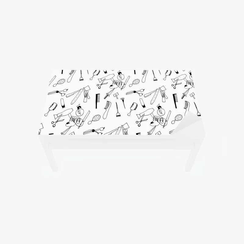 Adesivo per tavolo e scrivania motivo strumenti da parrucchiere in bianco e nero