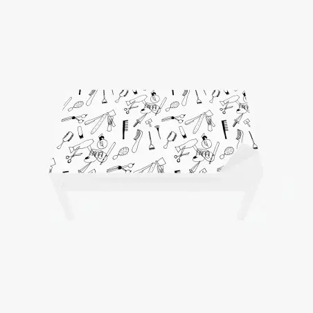 Adesivo per tavolo e scrivania motivo strumenti da parrucchiere in bianco e nero • Wallissimo®