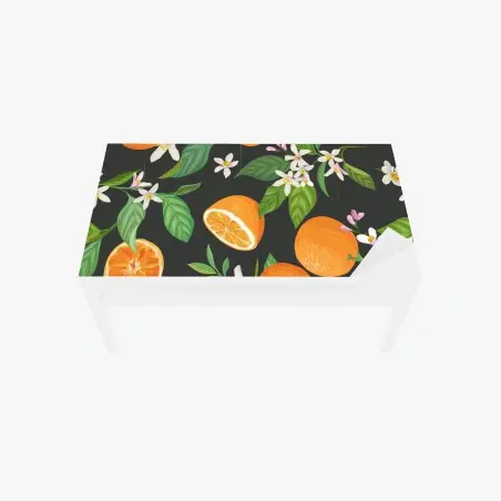 Adesivo per tavolo e scrivania motivo di arance e fiori d'arancio su sfondo scuro • Wallissimo®