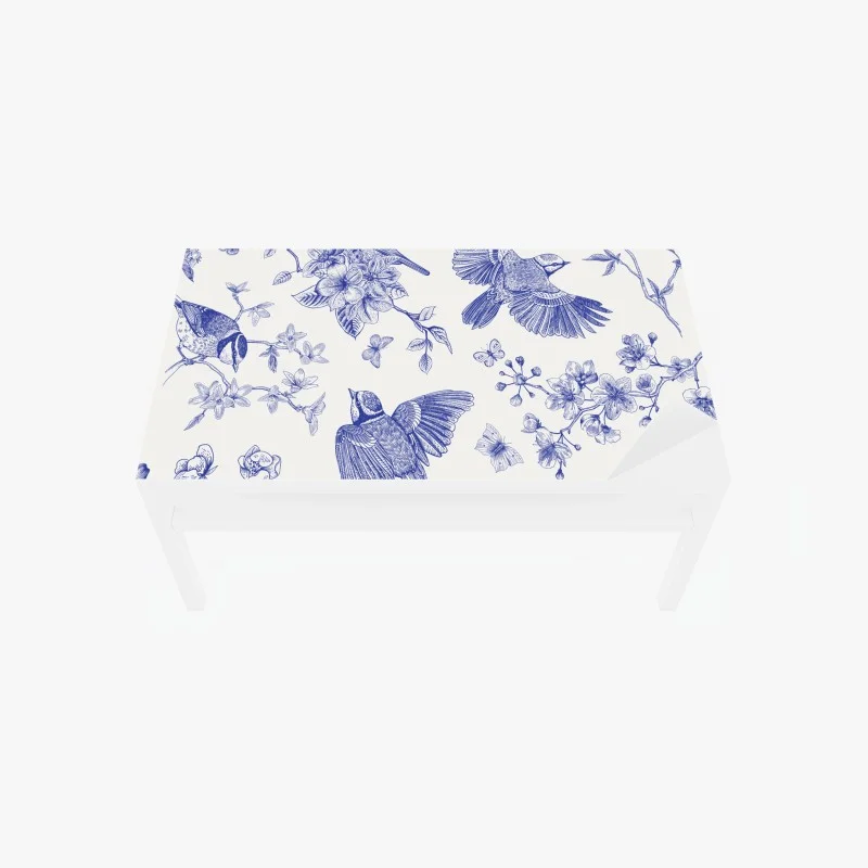 Adesivo per tavolo e scrivania motivo botanico con uccelli in inchiostro blu