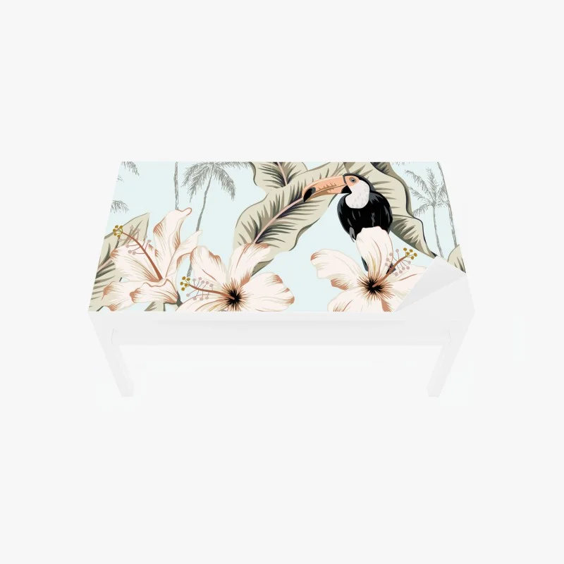 Adesivo per tavolo e scrivania motivo tropicale con tucani e ibischi