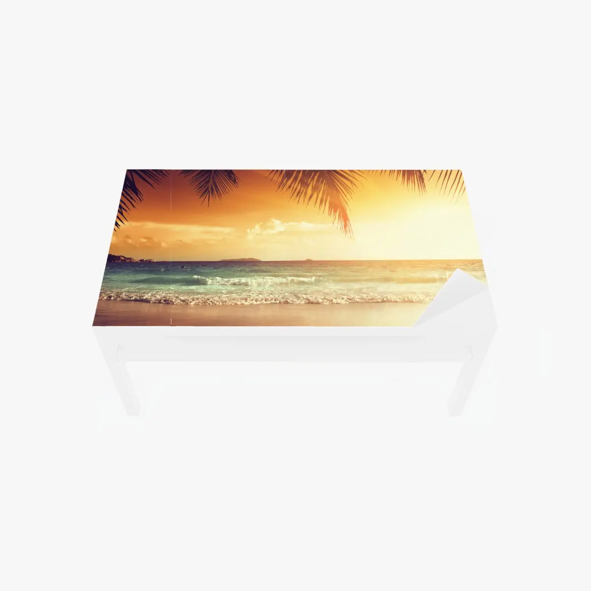 Adesivo per tavolo e scrivania tramonto ai Caraibi con palme in silhouette • Wallissimo®