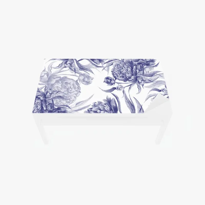 Adesivo per tavolo e scrivania motivo elegante di peonie blu su sfondo bianco