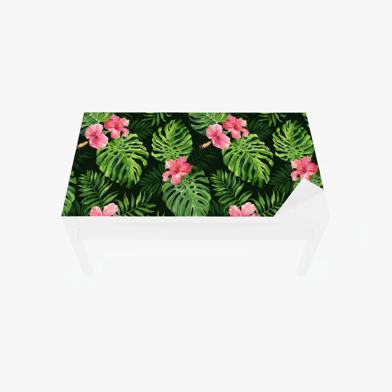 Adesivo per tavolo e scrivania motivo tropicale con foglie di monstera e hibiscus rosa