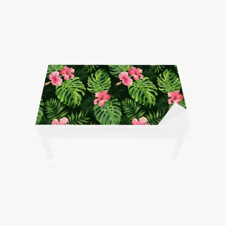 Adesivo per tavolo e scrivania motivo tropicale con foglie di monstera e hibiscus rosa • Wallissimo®