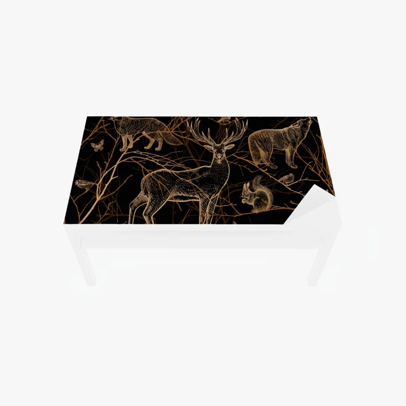 Adesivo per tavolo e scrivania foresta dorata: animali selvatici su sfondo nero