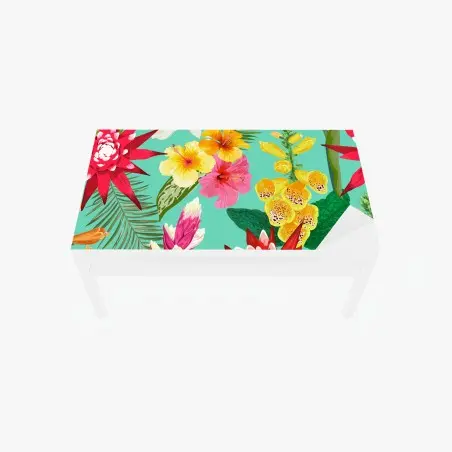 Adesivo per tavolo e scrivania paradiso floreale tropicale su sfondo turchese • Wallissimo®