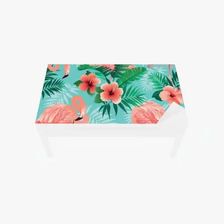 Adesivo per tavolo e scrivania motivo tropicale con fenicotteri e ibischi • Wallissimo®