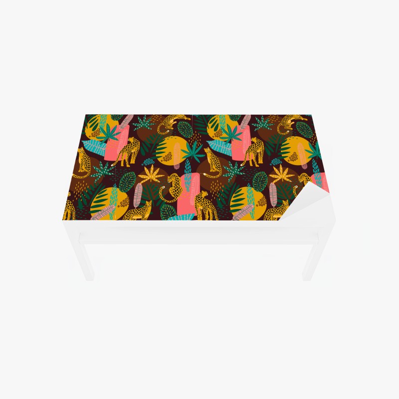 Adesivo per tavolo e scrivania pattern tropicale con giaguari e foglie colorate