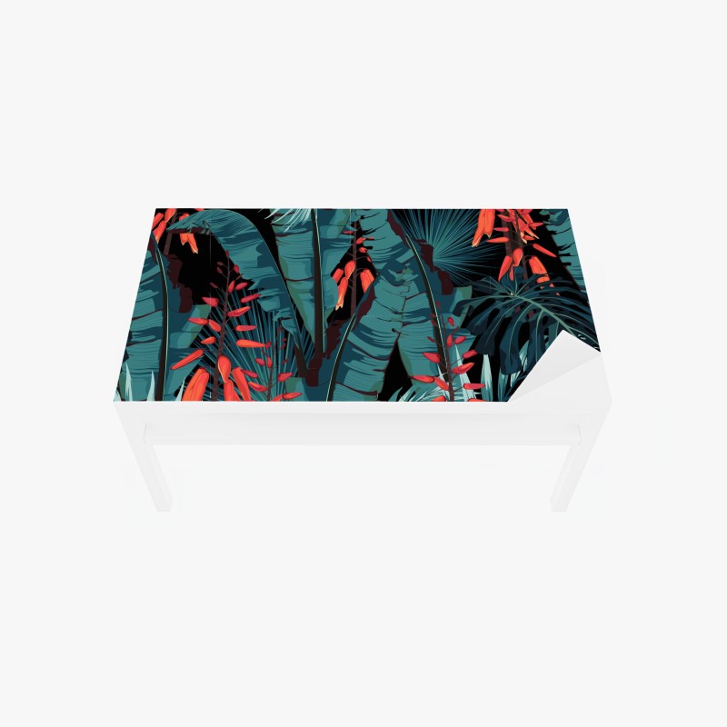Adesivo per tavolo e scrivania motivo tropicale notturno con foglie turchesi e fiori corallo