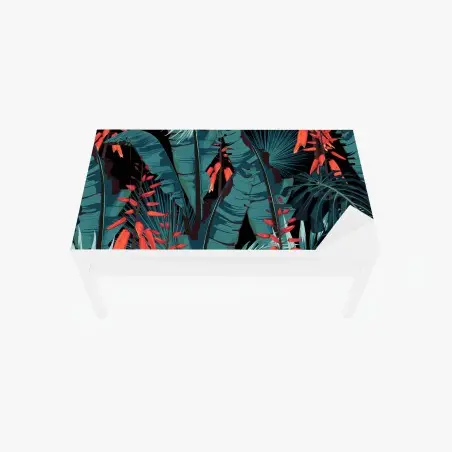 Adesivo per tavolo e scrivania motivo tropicale notturno con foglie turchesi e fiori corallo • Wallissimo®