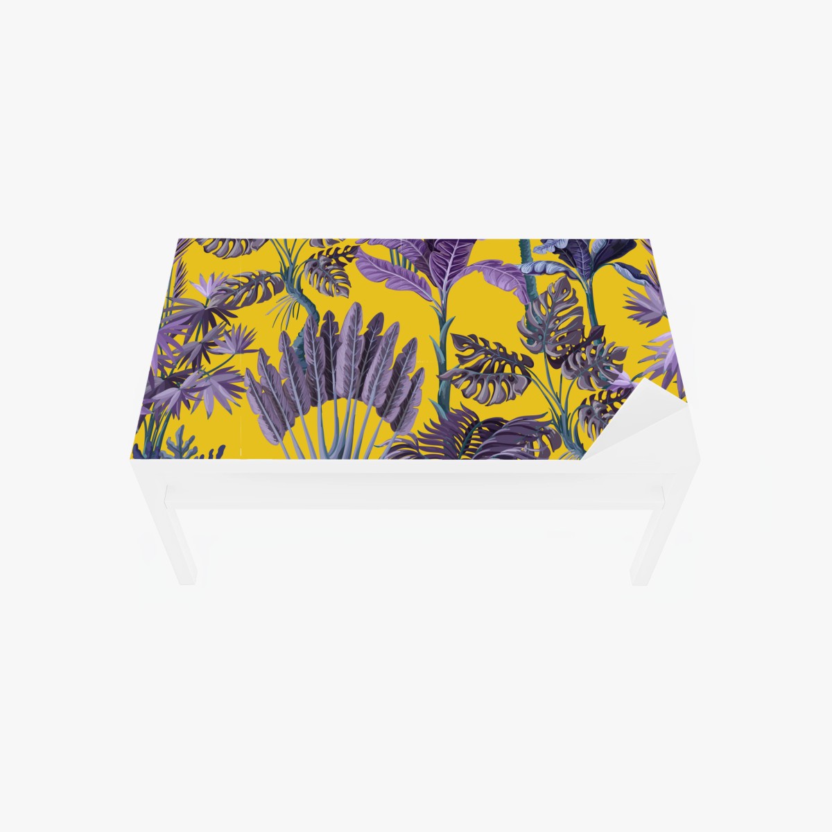 Adesivo per tavolo e scrivania giungla tropicale viola su sfondo giallo • Wallissimo®